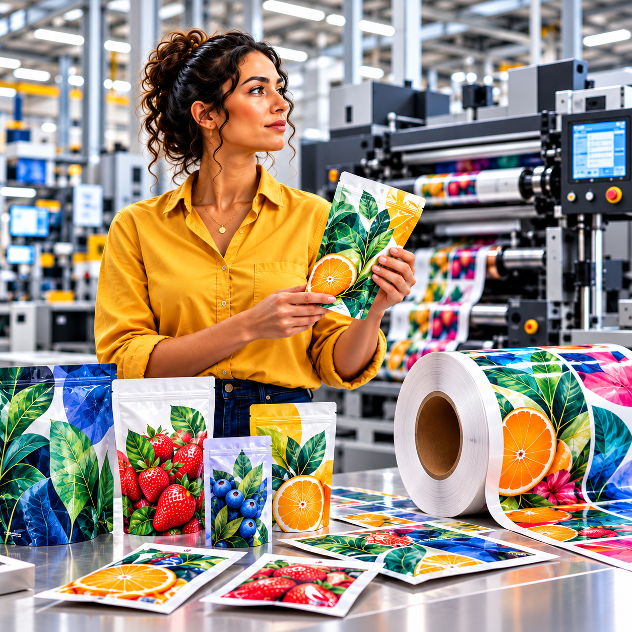 Woman inspecting flexible packaging with colorful pouches and printed film