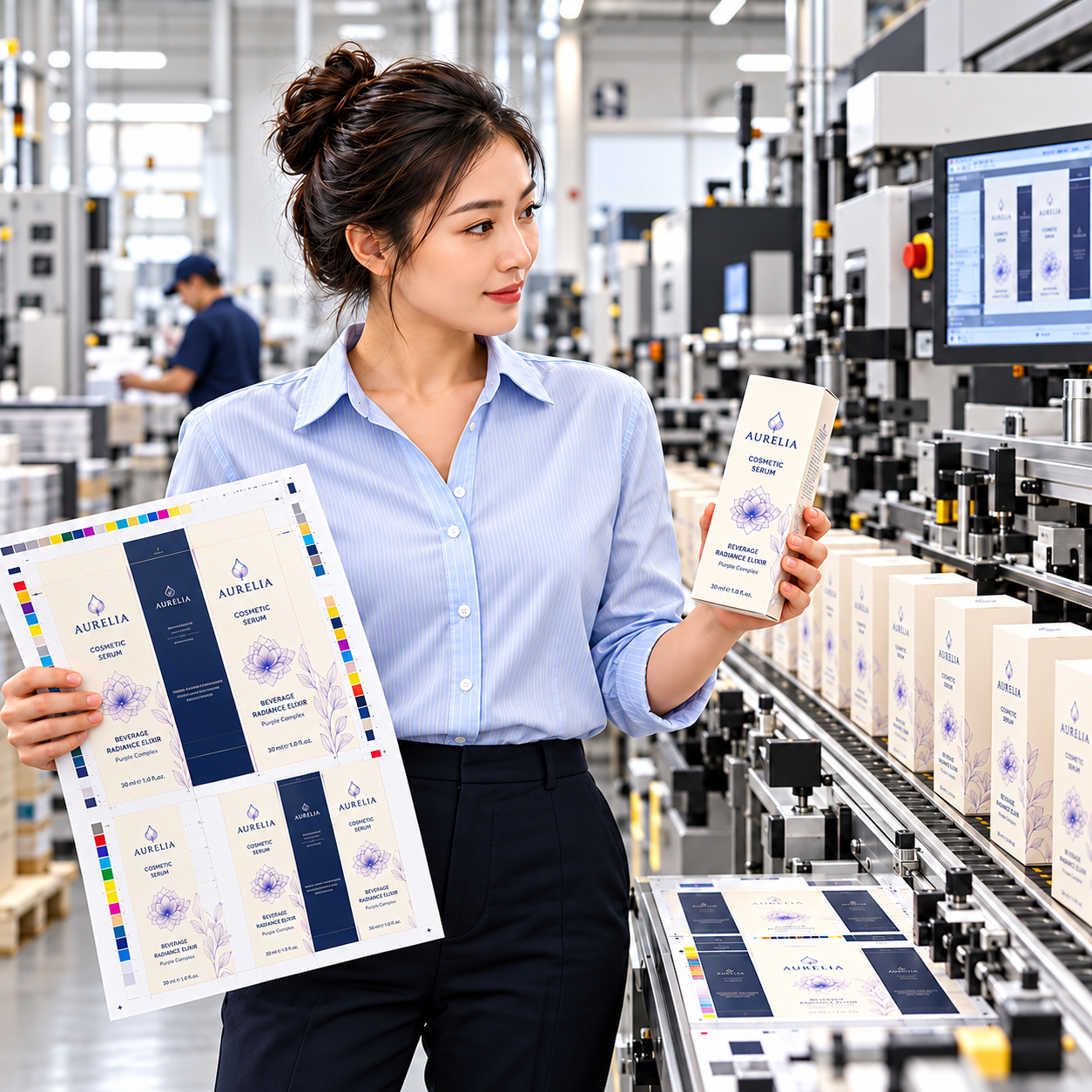 Woman inspecting a printed folding carton beside a carton production line