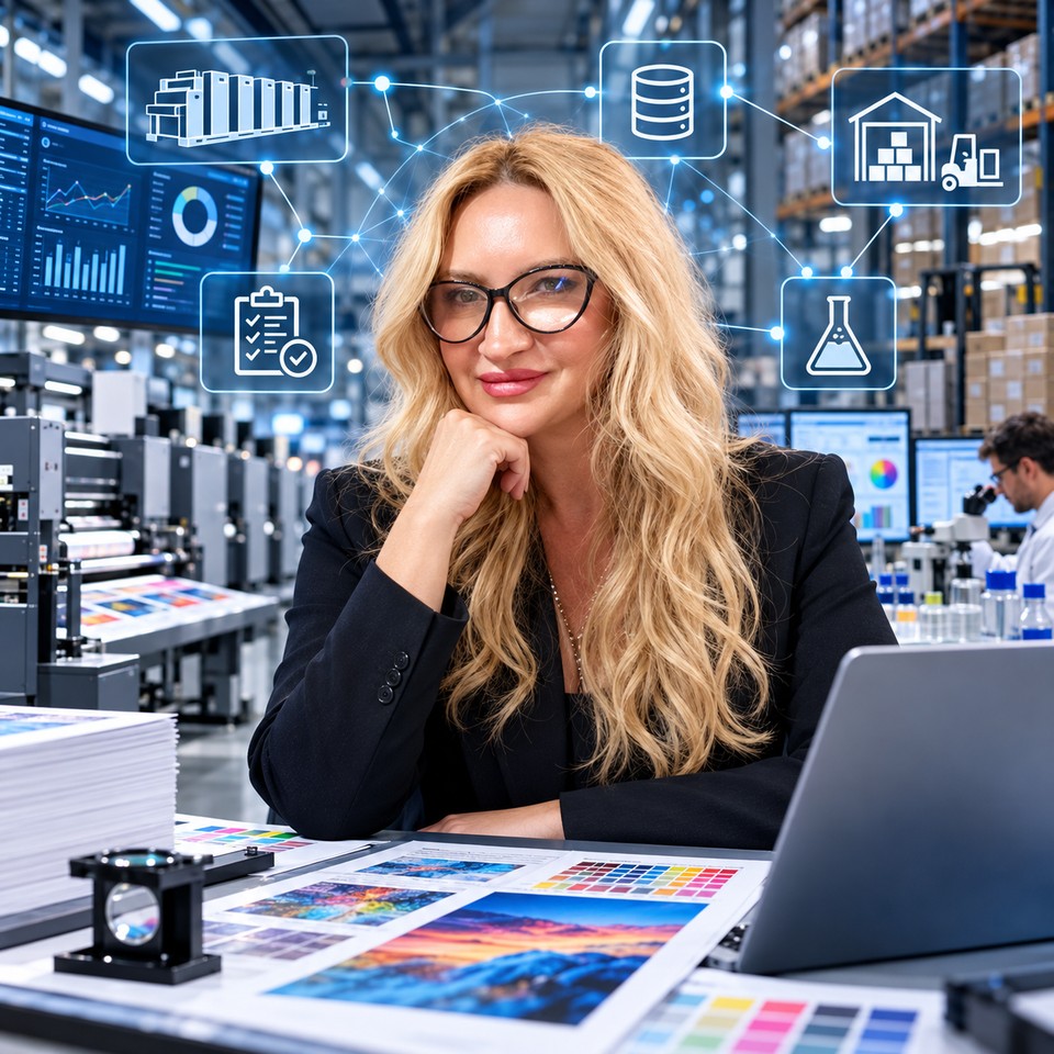Woman at a printing production desk with color proofs and digital process graphics